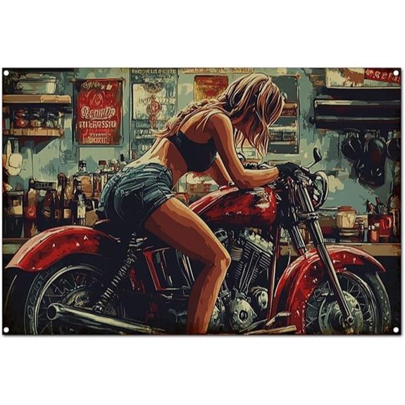 Vintage Girl Fixing Motorcycle Metal Wall Art Sign