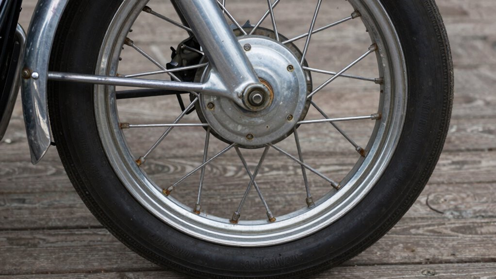 inspecting vintage motorcycle wheels
