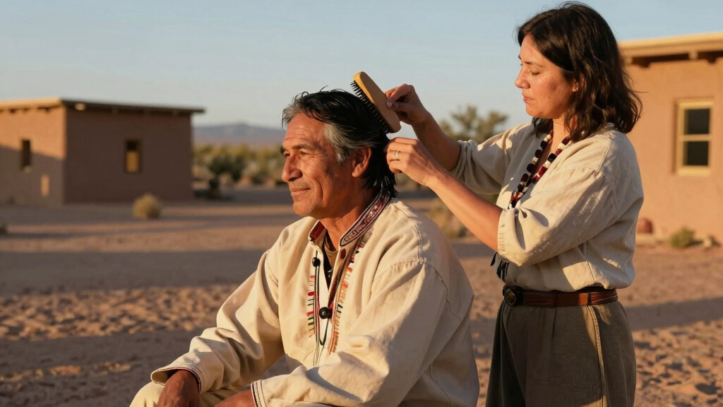 A man having his hair brushed by his wife, Navajo Nation, Arizona, 1948. Photo by Leonard McCombe